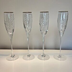 LENOX KELLY Crystal Champagne Glasses Swirl Cut Glass Gold Rim Set of 4 Vintage